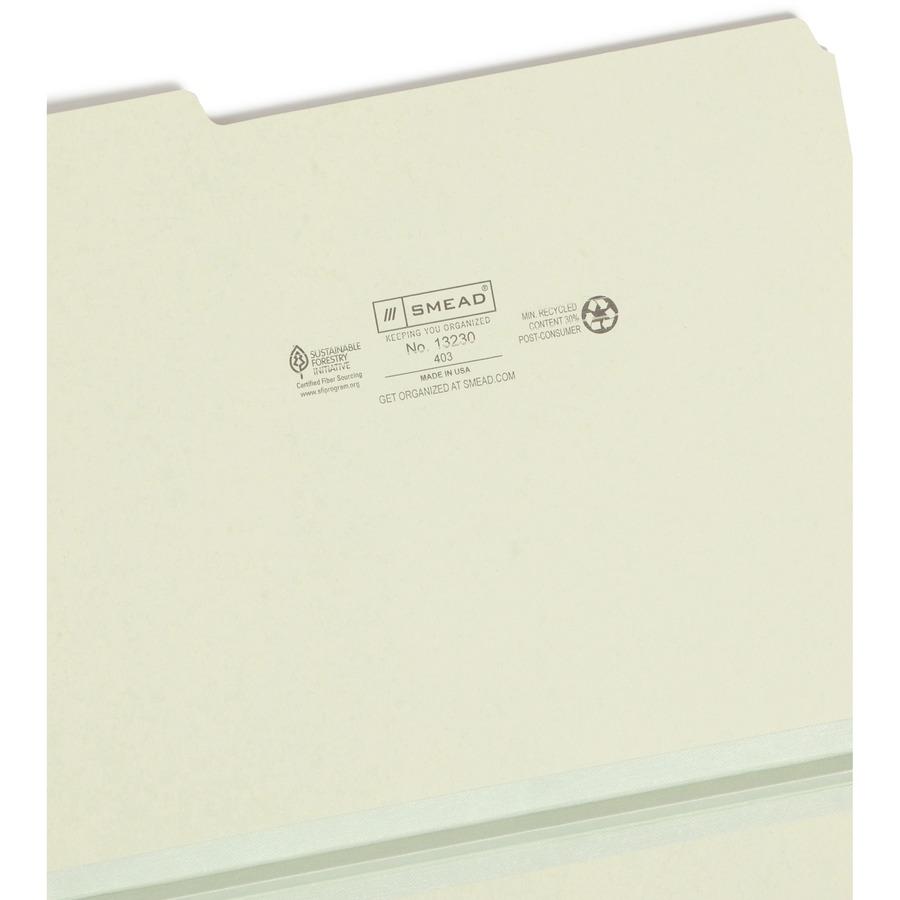 Smead 1/3 Tab Cut Letter Recycled Top Tab File Folder - 8 1/2" x 11" - 1" Expansion - Top Tab Location - Assorted Position Tab Position - Pressboard - Gray, Green - 100% Recycled - 25 / Box. Picture 8