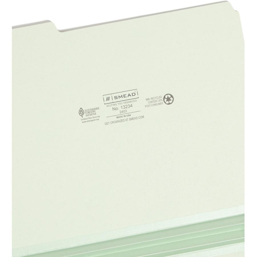 Smead 1/3 Tab Cut Letter Recycled Top Tab File Folder - 8 1/2" x 11" - 2" Expansion - Top Tab Location - Assorted Position Tab Position - Pressboard - Gray, Green - 100% Recycled - 25 / Box. Picture 8