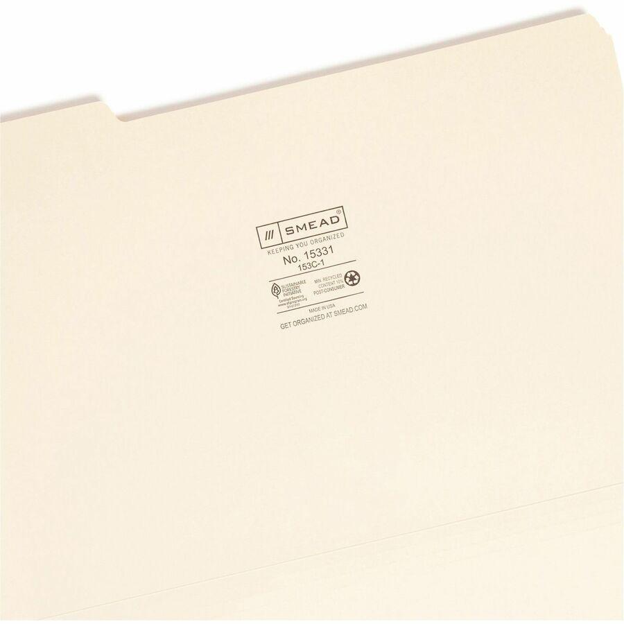 Smead 1/3 Tab Cut Legal Recycled Top Tab File Folder - 8 1/2" x 14" - 3/4" Expansion - Top Tab Location - First Tab Position - Manila - Manila - 10% Recycled - 100 / Box. Picture 3