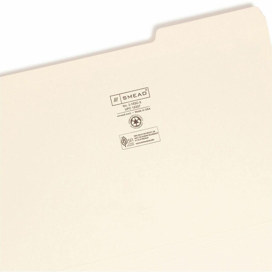 Smead 1/3 Tab Cut Legal Recycled Top Tab File Folder - 8 1/2" x 14" - 3/4" Expansion - Top Tab Location - Third Tab Position - Manila - 10% Recycled - 100 / Box. Picture 8