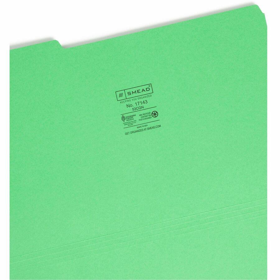 Smead Colored 1/3 Tab Cut Legal Recycled Top Tab File Folder - 8 1/2" x 14" - 3/4" Expansion - Top Tab Location - Assorted Position Tab Position - Green - 10% Recycled - 100 / Box. Picture 8