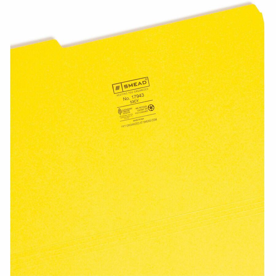 Smead Colored 1/3 Tab Cut Legal Recycled Top Tab File Folder - 8 1/2" x 14" - 3/4" Expansion - Top Tab Location - Assorted Position Tab Position - Vinyl - Yellow - 10% Recycled - 100 / Box. Picture 8