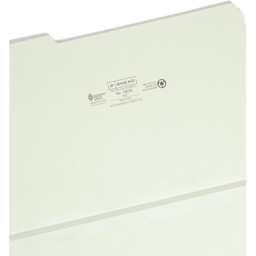 Smead 1/3 Tab Cut Legal Recycled Top Tab File Folder - 8 1/2" x 14" - 1" Expansion - Top Tab Location - Assorted Position Tab Position - Pressboard - Gray, Green - 100% Recycled - 25 / Box. Picture 8