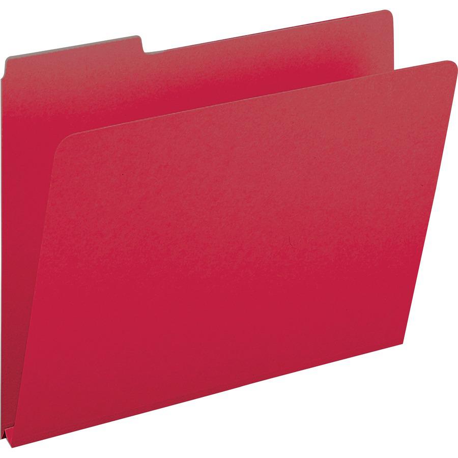 Smead Colored 1/3 Tab Cut Letter Recycled Top Tab File Folder - 8 1/2" x 11" - 1" Expansion - Top Tab Location - Assorted Position Tab Position - Pressboard - Bright Red - 100% Recycled - 25 / Box. Picture 10
