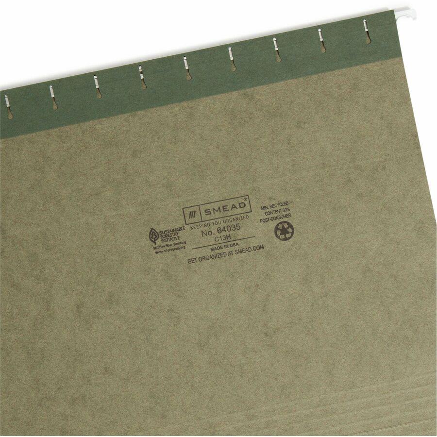 Smead 1/3 Tab Cut Letter Recycled Hanging Folder - 8 1/2" x 11" - Top Tab Location - Assorted Position Tab Position - Vinyl - Standard Green - 10% Recycled - 25 / Box. Picture 8