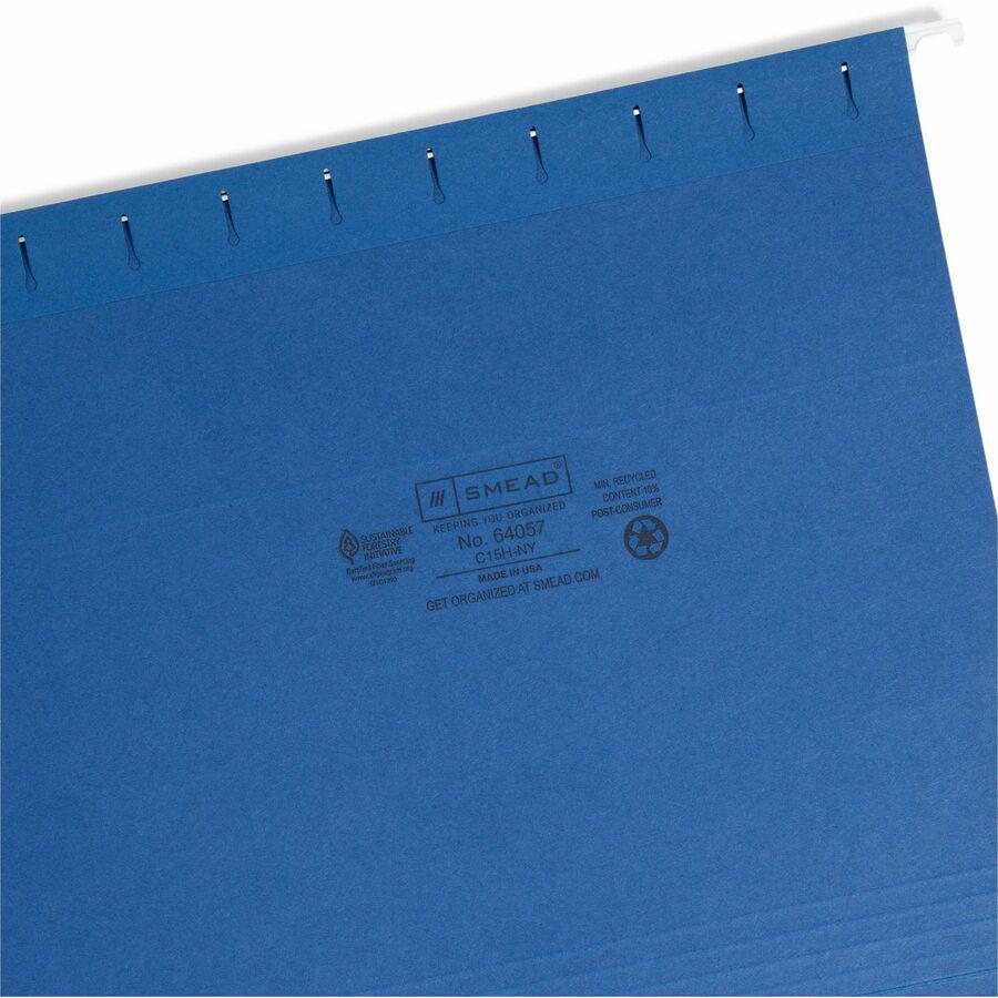 Smead 1/5 Tab Cut Letter Recycled Hanging Folder - 8 1/2" x 11" - Top Tab Location - Assorted Position Tab Position - Vinyl - Navy Blue - 10% Recycled - 25 / Box. Picture 10
