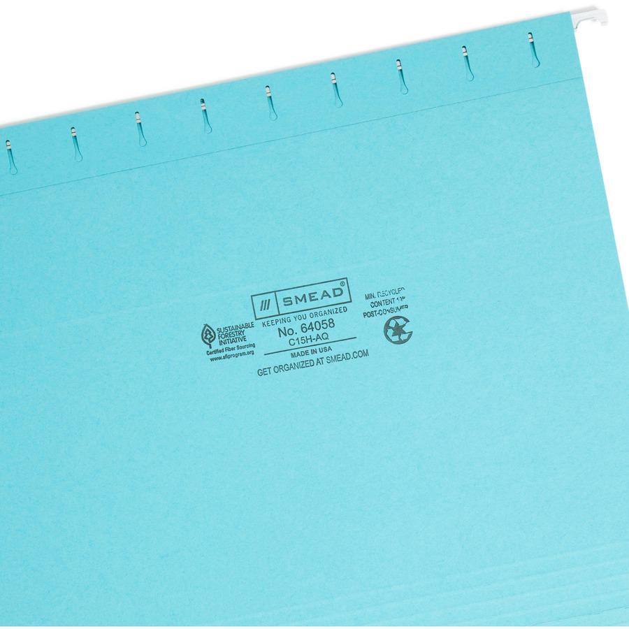 Smead Colored 1/5 Tab Cut Letter Recycled Hanging Folder - 8 1/2" x 11" - Top Tab Location - Assorted Position Tab Position - Aqua - 10% Recycled - 25 / Box. Picture 8