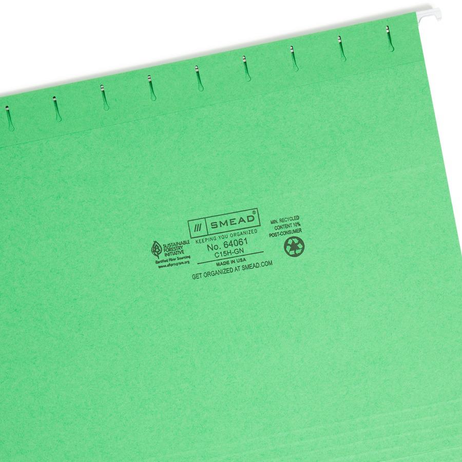 Smead Colored 1/5 Tab Cut Letter Recycled Hanging Folder - 8 1/2" x 11" - Top Tab Location - Assorted Position Tab Position - Vinyl - Green - 10% Recycled - 25 / Box. Picture 10