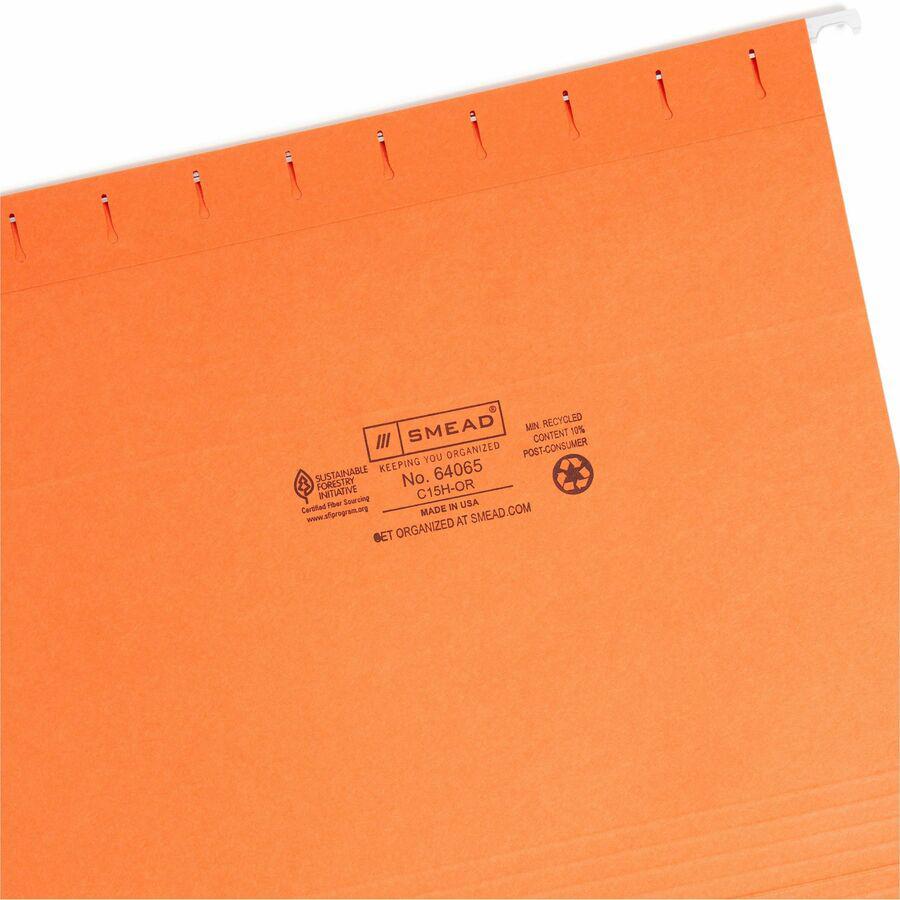 Smead Colored 1/5 Tab Cut Letter Recycled Hanging Folder - 8 1/2" x 11" - Top Tab Location - Assorted Position Tab Position - Vinyl - Orange - 10% Recycled - 25 / Box. Picture 7