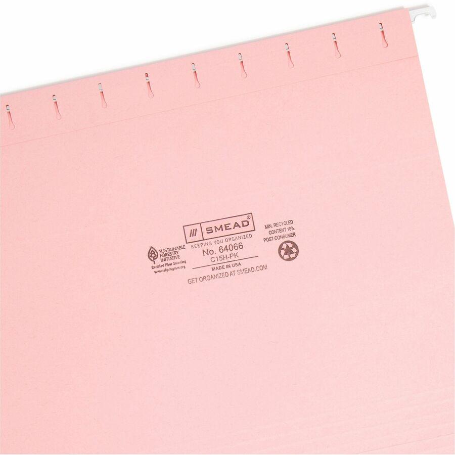 Smead Colored 1/5 Tab Cut Letter Recycled Hanging Folder - 8 1/2" x 11" - Top Tab Location - Assorted Position Tab Position - Vinyl - Pink - 10% Recycled - 25 / Box. Picture 8
