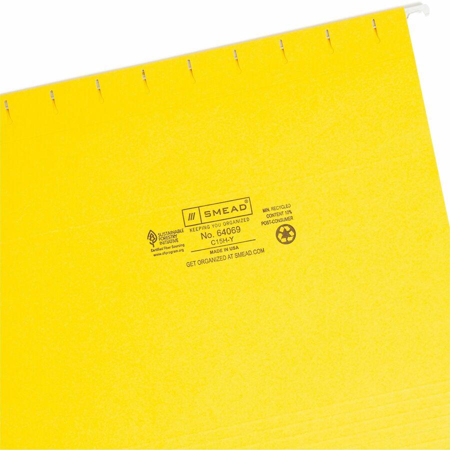 Smead Colored 1/5 Tab Cut Letter Recycled Hanging Folder - 8 1/2" x 11" - Top Tab Location - Assorted Position Tab Position - Vinyl - Yellow - 10% Recycled - 25 / Box. Picture 8