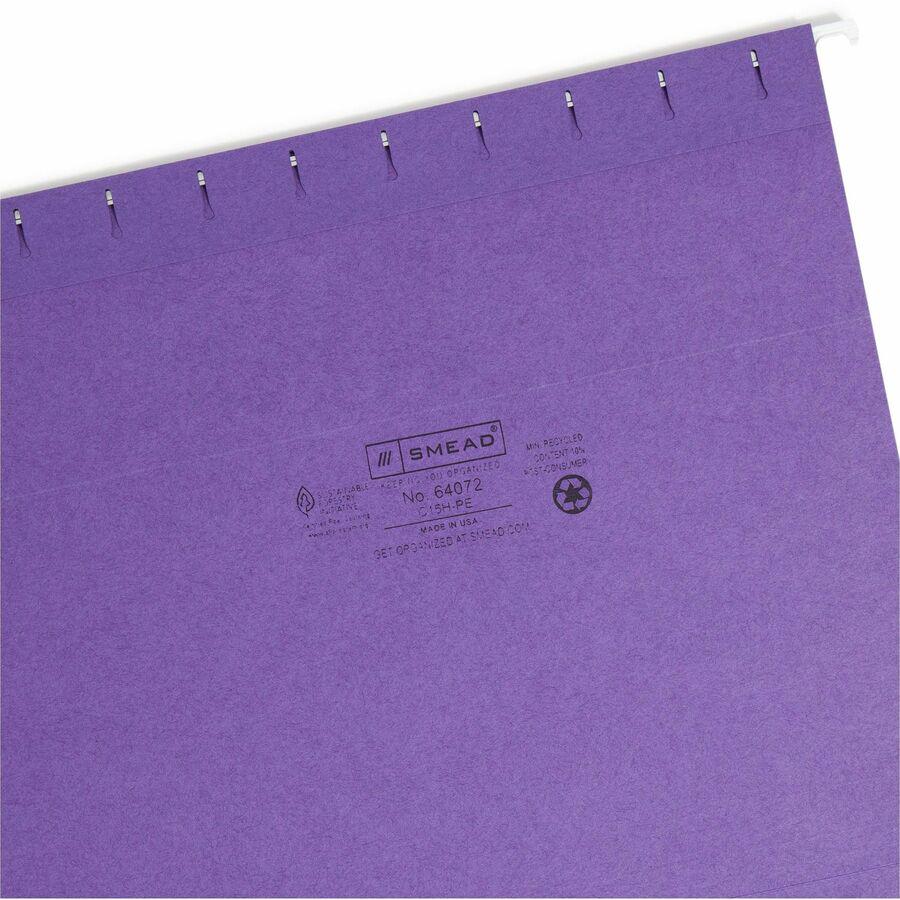 Smead 1/5 Tab Cut Letter Recycled Hanging Folder - 8 1/2" x 11" - Top Tab Location - Assorted Position Tab Position - Vinyl - Purple - 10% Recycled - 25 / Box. Picture 8