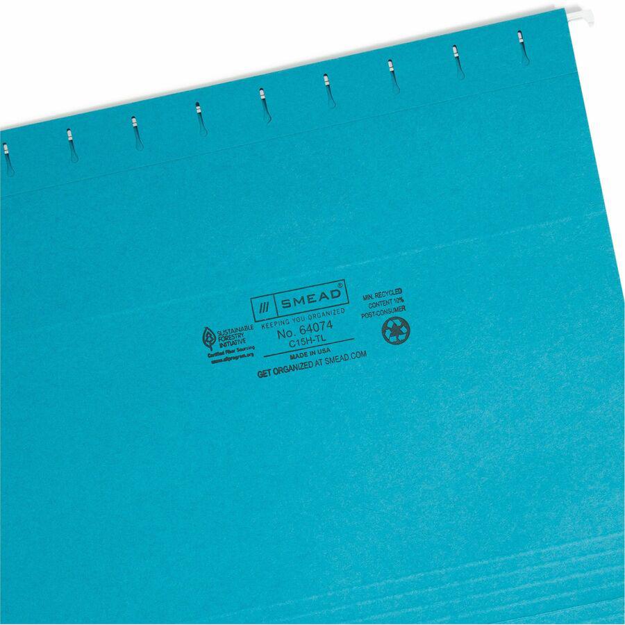 Smead Colored 1/5 Tab Cut Letter Recycled Hanging Folder - 8 1/2" x 11" - Top Tab Location - Assorted Position Tab Position - Vinyl - Teal - 10% Recycled - 25 / Box. Picture 8