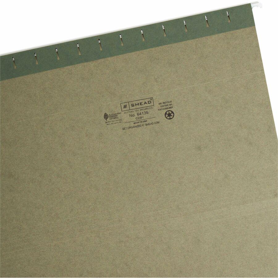 Smead 1/3 Tab Cut Legal Recycled Hanging Folder - 8 1/2" x 14" - Top Tab Location - Assorted Position Tab Position - Vinyl - Standard Green - 10% Recycled - 25 / Box. Picture 8