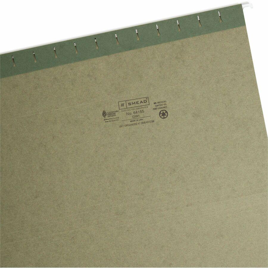 Smead 1/5 Tab Cut Legal Recycled Hanging Folder - 8 1/2" x 14" - Top Tab Location - Assorted Position Tab Position - Standard Green - 10% Recycled - 25 / Box. Picture 3