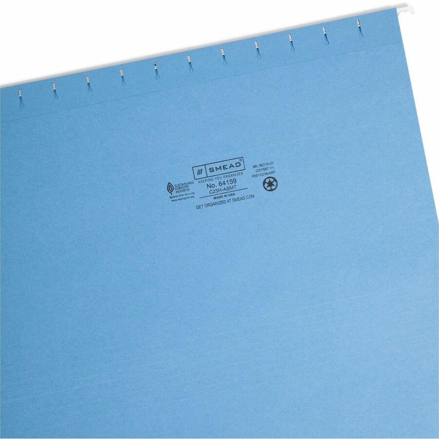 Smead 1/5 Tab Cut Legal Recycled Hanging Folder - 8 1/2" x 14" - Top Tab Location - Assorted Position Tab Position - Vinyl - Blue, Green, Orange, Red, Yellow - 10% Recycled - 25 / Box. Picture 8