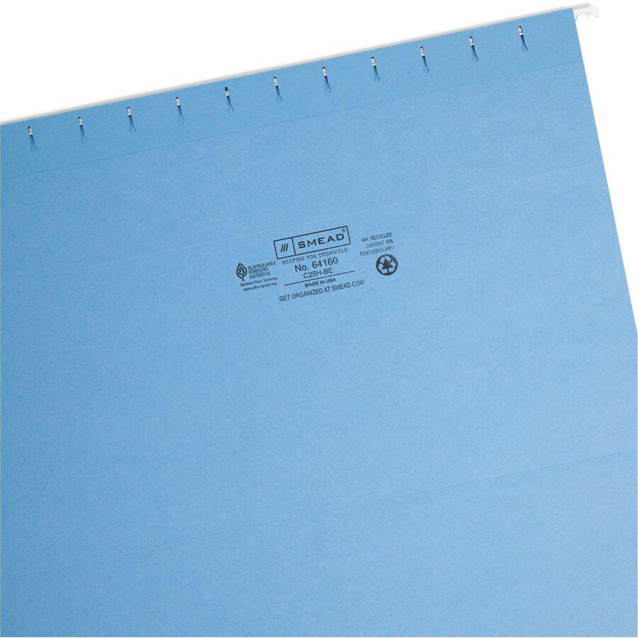 Smead Colored 1/5 Tab Cut Legal Recycled Hanging Folder - 8 1/2" x 14" - Top Tab Location - Assorted Position Tab Position - Vinyl - Blue - 10% Recycled - 25 / Box. Picture 8
