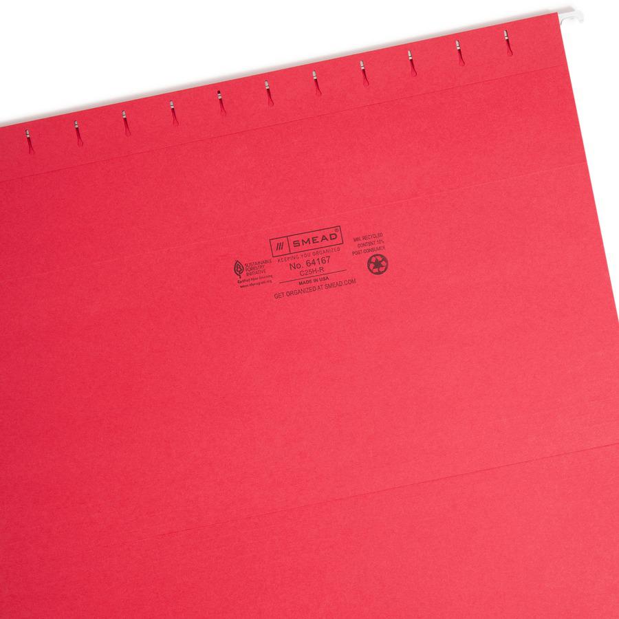 Smead Colored 1/5 Tab Cut Legal Recycled Hanging Folder - 8 1/2" x 14" - Top Tab Location - Assorted Position Tab Position - Vinyl - Red - 10% Recycled - 25 / Box. Picture 10