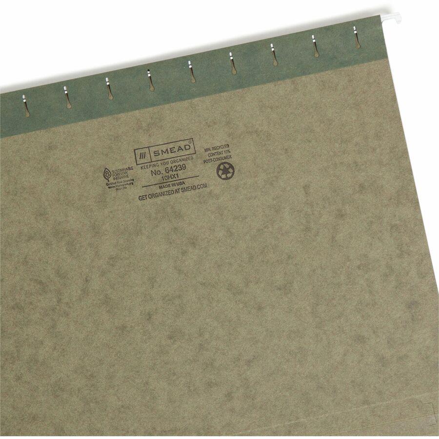 Smead Letter Recycled Hanging Folder - 1" Folder Capacity - 8 1/2" x 11" - 1" Expansion - Pressboard - Standard Green - 10% Recycled - 25 / Box. Picture 2