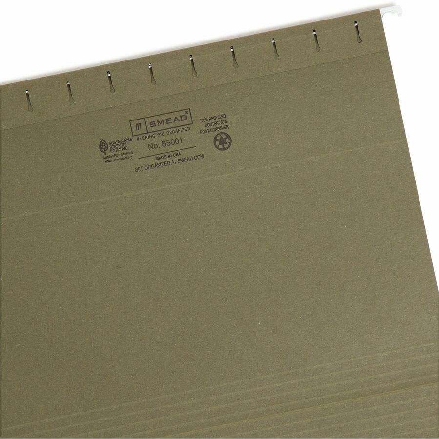 Smead 1/5 Tab Cut Letter Recycled Hanging Folder - 8 1/2" x 11" - 2" Expansion - Top Tab Location - Assorted Position Tab Position - Vinyl - Standard Green - 100% Recycled - 25 / Box. Picture 8