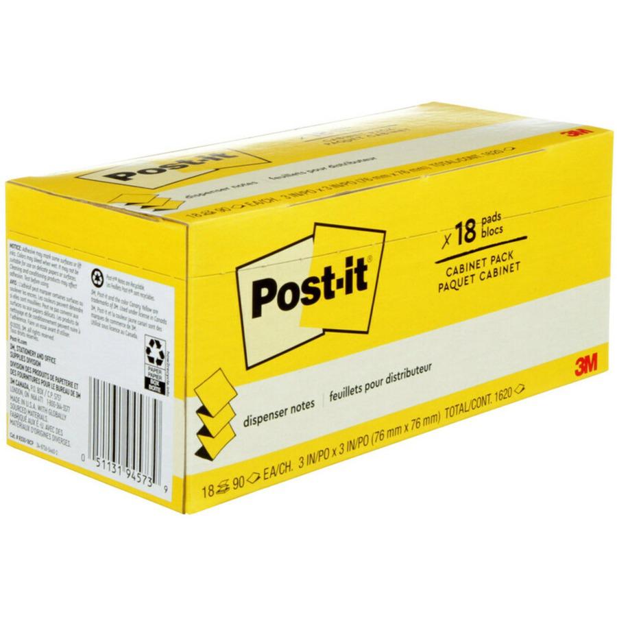 Post-it&reg; Dispenser Notes - 1620 - 3" x 3" - Square - 90 Sheets per Pad - Unruled - Canary Yellow - Paper - Self-adhesive, Removable - 18 / Pack. Picture 8