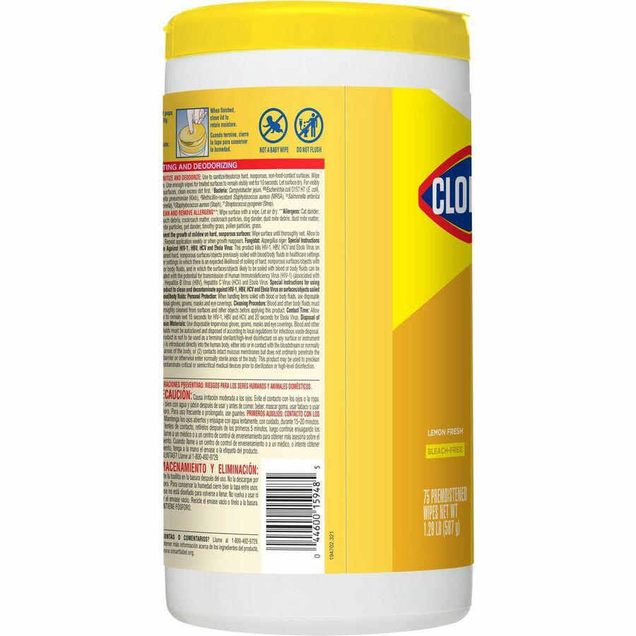CloroxPro&trade; Disinfecting Wipes - For Multipurpose - Ready-To-Use - Lemon Fresh Scent - 75 / Canister - 6 / Carton - Pleasant Scent, Disinfectant, Pre-moistened, Textured, Streak-free, Bleach-free. Picture 11