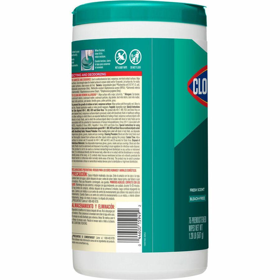 CloroxPro&trade; Disinfecting Wipes - For Hard Surface, Glass, Mirror - Ready-To-Use - Fresh Scent - 75 / Canister - 6 / Carton - Pleasant Scent, Disinfectant, Pre-moistened, Textured, Streak-free, Bl. Picture 12