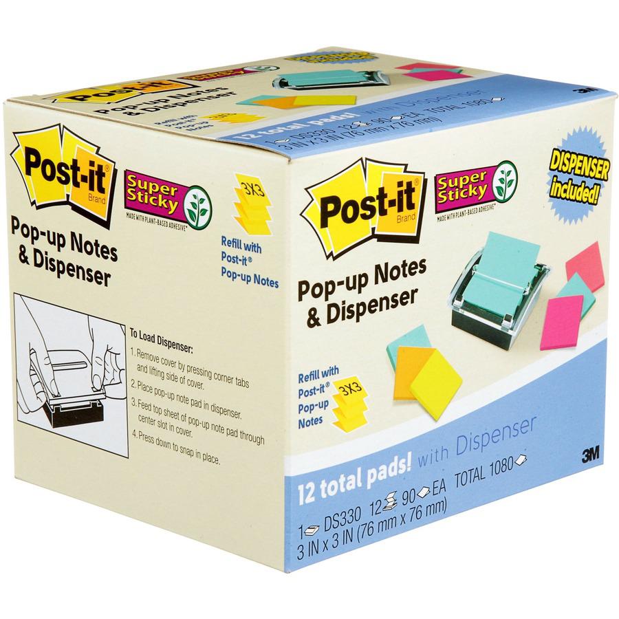 Post-it&reg; Super Sticky Dispenser Notes and Dispenser - 1080 - 3" x 3" - Square - 90 Sheets per Pad - Unruled - Blue, Orange, Green, Pink - Paper - Self-adhesive - 1 / Pack. Picture 8
