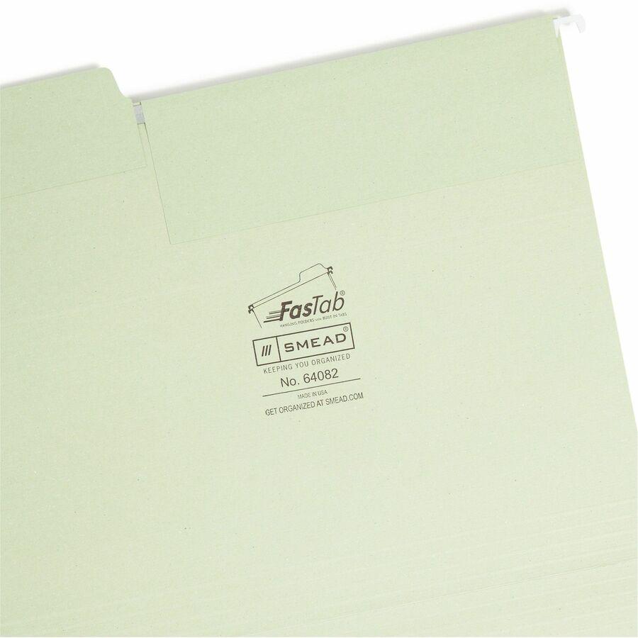 Smead FasTab 1/3 Tab Cut Letter Recycled Hanging Folder - 8 1/2" x 11" - Top Tab Location - Assorted Position Tab Position - Moss - 10% Recycled - 20 / Box. Picture 8