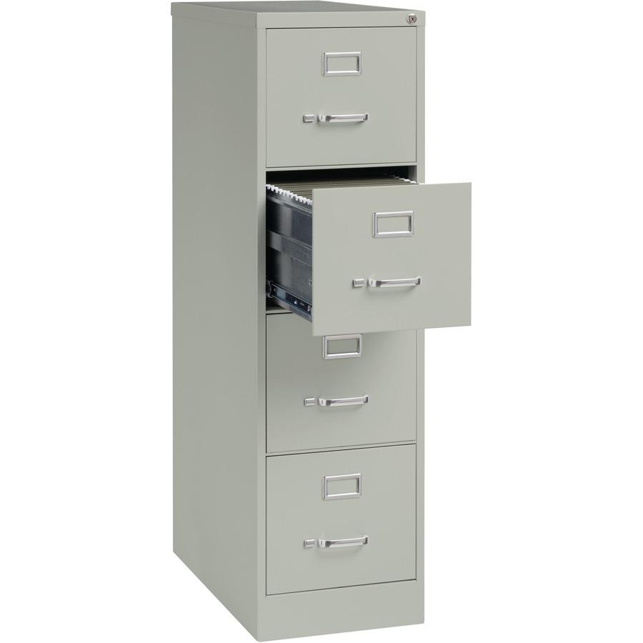 Lorell Fortress Series 26-1/2" Commercial-Grade Vertical File Cabinet - 15" x 26.5" x 52" - 4 x Drawer(s) for File - Letter - Vertical - Security Lock, Ball-bearing Suspension, Heavy Duty - Light Gray. Picture 7