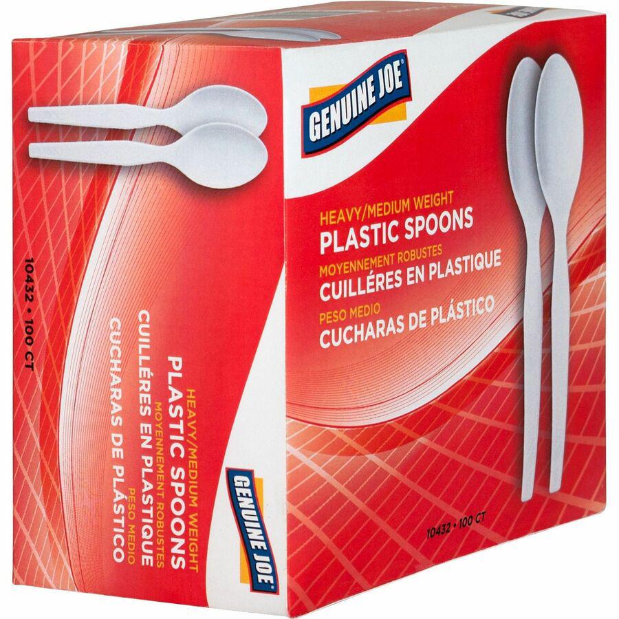Genuine Joe Heavyweight Disposable Spoons - 100/Box - Polystyrene - White. Picture 4