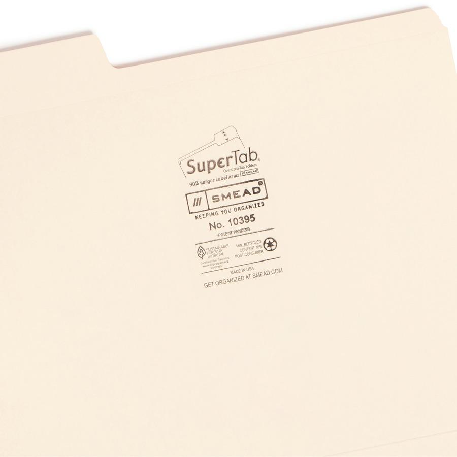 Smead SuperTab 1/3 Tab Cut Letter Recycled Top Tab File Folder - 8 1/2" x 11" - 3/4" Expansion - Top Tab Location - Assorted Position Tab Position - Manila - Manila - 10% Recycled - 100 / Box. Picture 4
