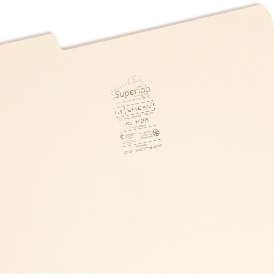 Smead SuperTab 1/3 Tab Cut Legal Recycled Top Tab File Folder - 8 1/2" x 14" - 3/4" Expansion - Top Tab Location - Assorted Position Tab Position - Manila - Manila - 10% Recycled - 100 / Box. Picture 5