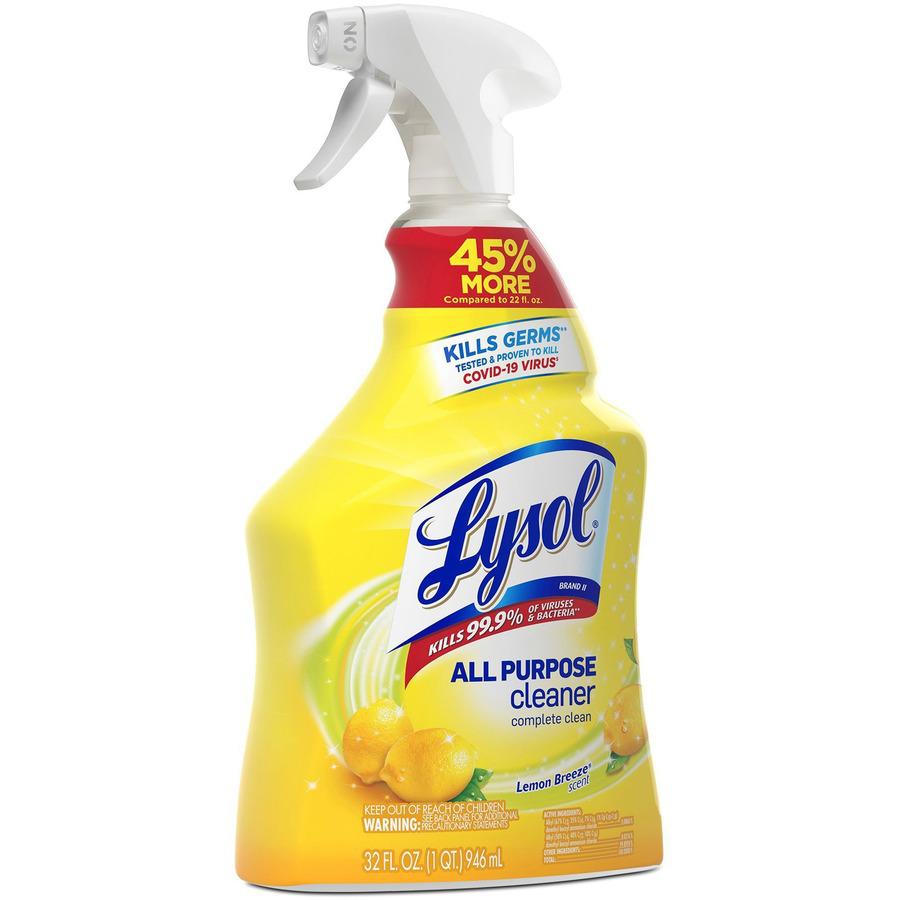Lysol Lemon All Purpose Cleaner - Ready-To-Use - 32 fl oz (1 quart) - Lemon Breeze Scent - 12 / Carton - Deodorize, Disinfectant - Yellow. Picture 9