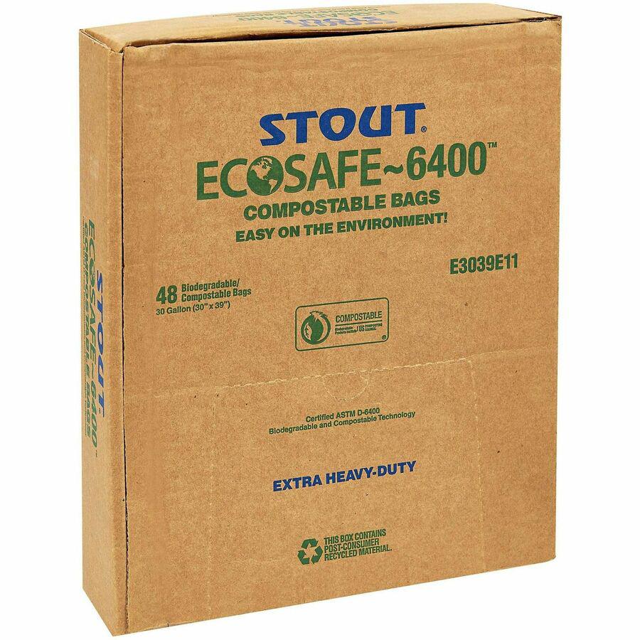 Stout EcoSafe Trash Bags - 30 gal Capacity - 30" Width x 39" Length - 1.10 mil (28 Micron) Thickness - Green - Plastic - 48/Carton. Picture 6