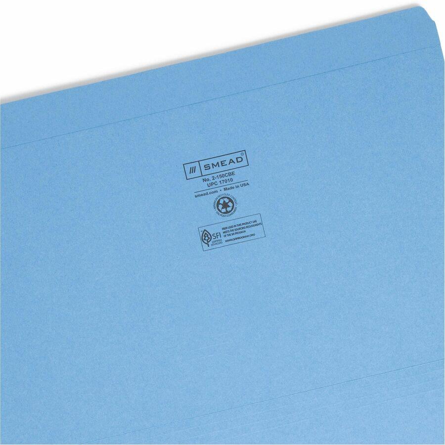Smead Colored Straight Tab Cut Legal Recycled Top Tab File Folder - 8 1/2" x 14" - 3/4" Expansion - Blue - 10% Recycled - 100 / Box. Picture 10