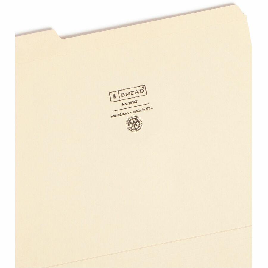 Smead 1/3 Tab Cut Letter Recycled Top Tab File Folder - 8 1/2" x 11" - Top Tab Location - Assorted Position Tab Position - Manila - Manila - 100% Recycled - 100 / Box. Picture 8