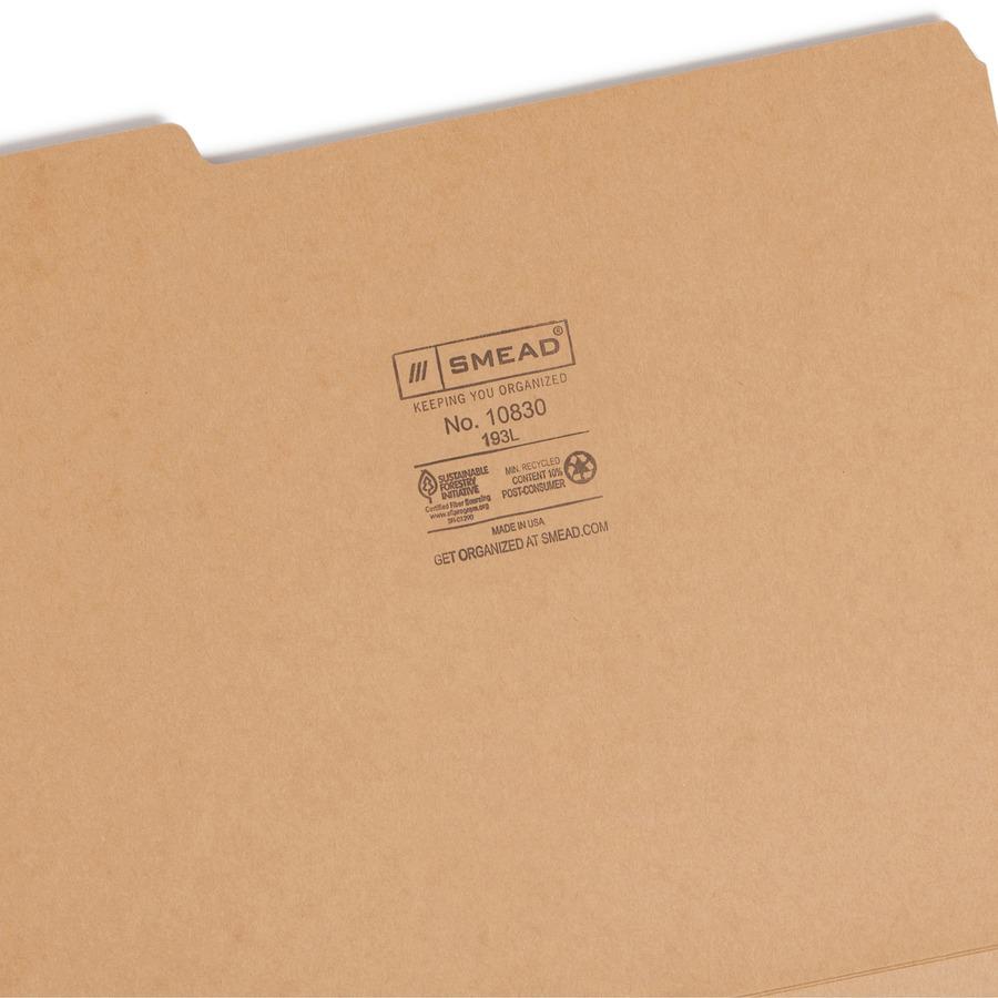Smead 1/3 Tab Cut Letter Recycled Top Tab File Folder - Letter - 8.5" x 11" - 1/3 Tab Cut - 50 / Box - 17pt. - Kraft. Picture 2