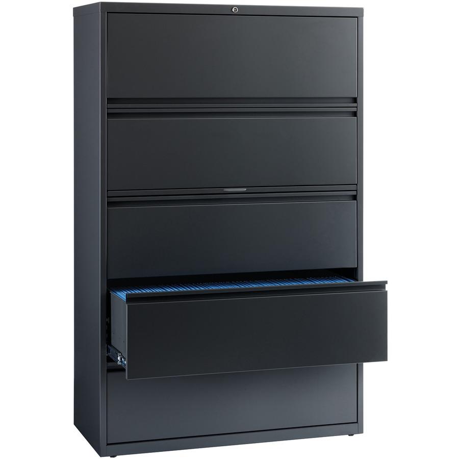 Lorell Lateral File - 5-Drawer - 42" x 18.6" x 67.7" - 5 x Drawer(s) - Legal, Letter, A4 - Lateral - Rust Proof, Leveling Glide, Interlocking - Charcoal - Steel - Recycled. Picture 8