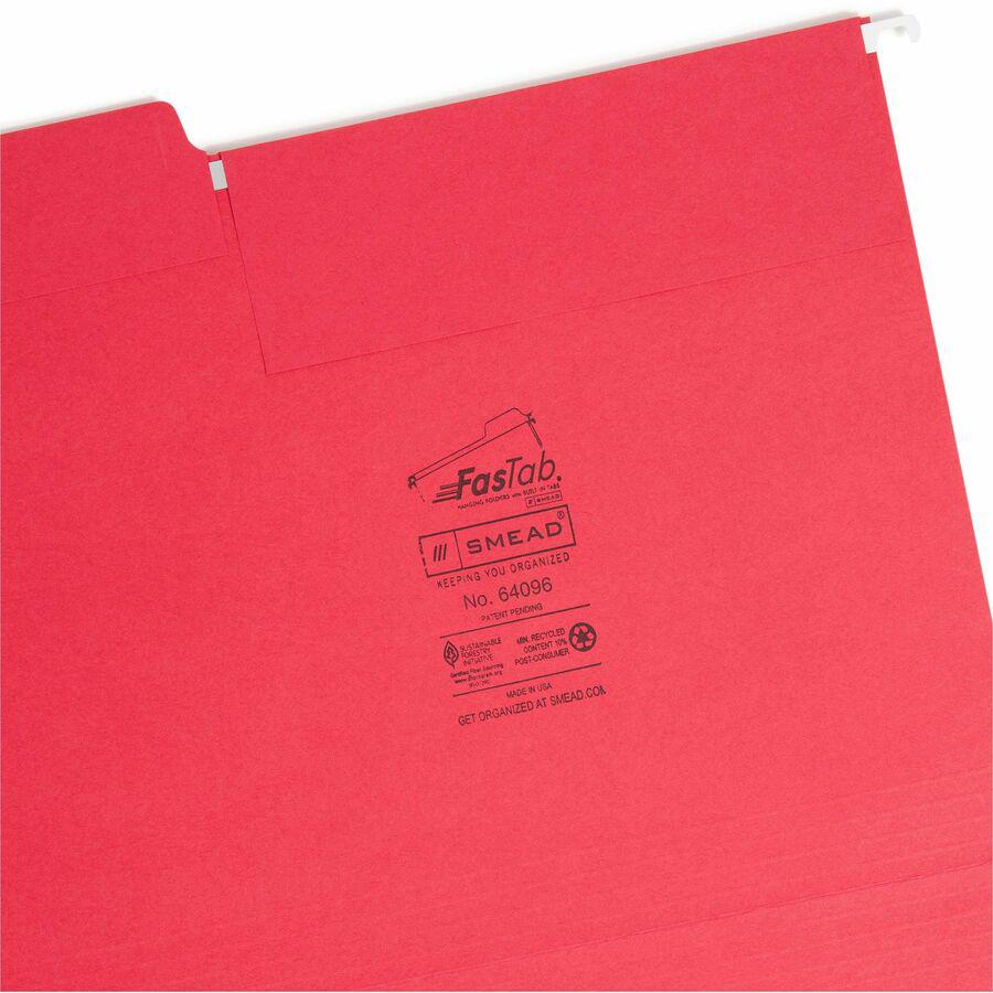 Smead FasTab 1/3 Tab Cut Letter Recycled Hanging Folder - 8 1/2" x 11" - 3/4" Expansion - Top Tab Location - Assorted Position Tab Position - Red - 10% Recycled - 20 / Box. Picture 8