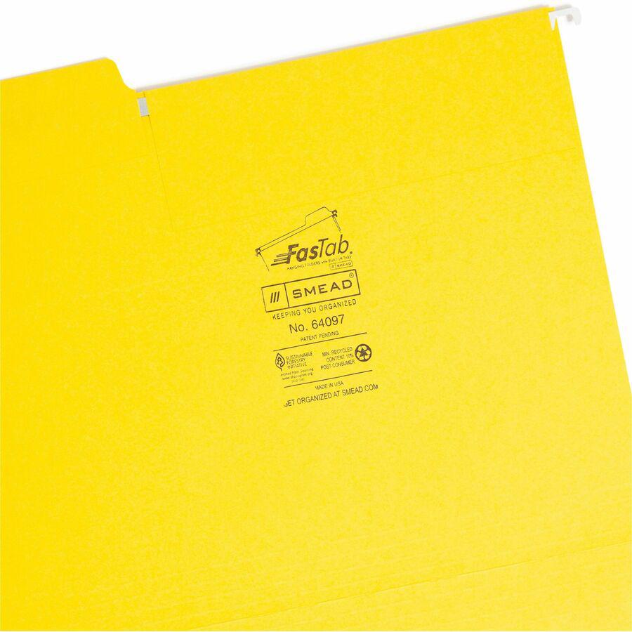Smead FasTab 1/3 Tab Cut Letter Recycled Hanging Folder - 8 1/2" x 11" - Top Tab Location - Assorted Position Tab Position - Yellow - 10% Recycled - 20 / Box. Picture 8