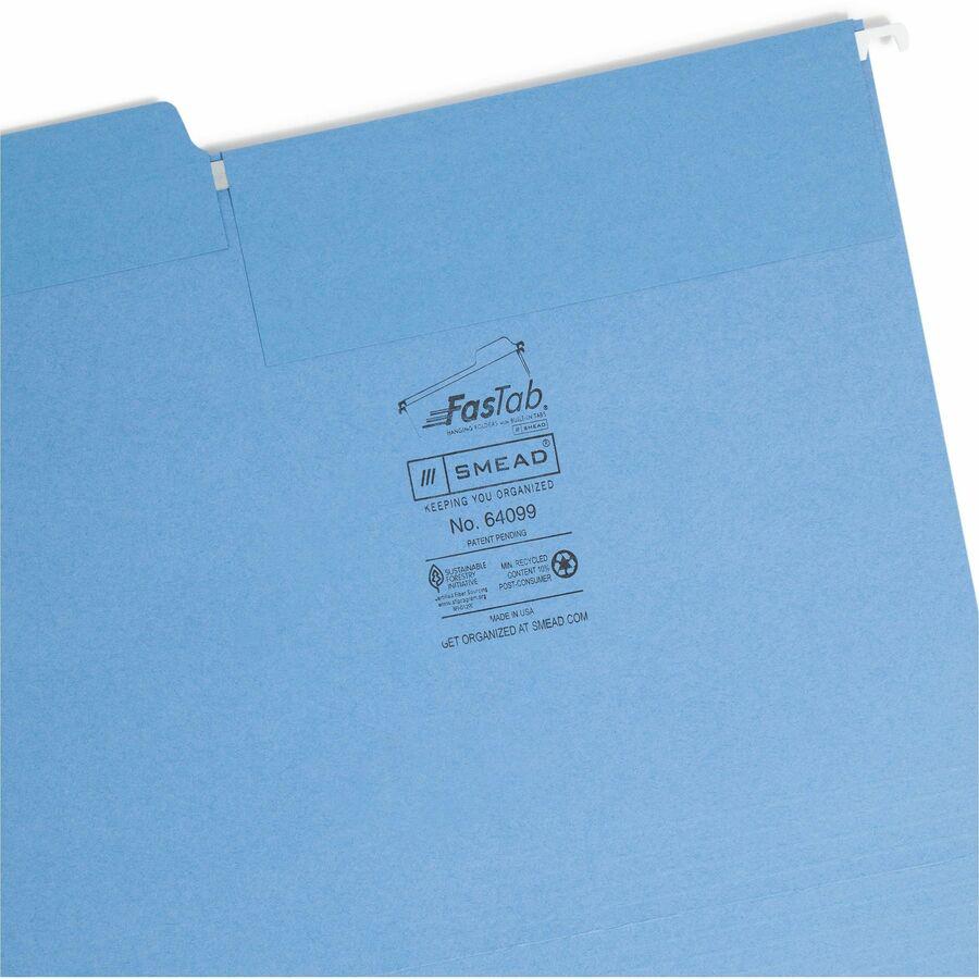 Smead FasTab 1/3 Tab Cut Letter Recycled Hanging Folder - 8 1/2" x 11" - Top Tab Location - Assorted Position Tab Position - Blue - 10% Recycled - 20 / Box. Picture 8
