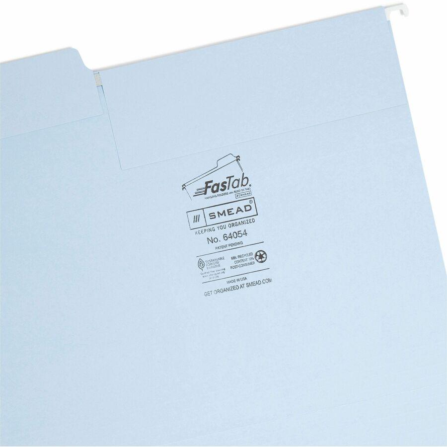 Smead FasTab 1/3 Tab Cut Letter Recycled Hanging Folder - 8 1/2" x 11" - Top Tab Location - Assorted Position Tab Position - Camel, Lake Blue, Moss - 10% Recycled - 18 / Box. Picture 8