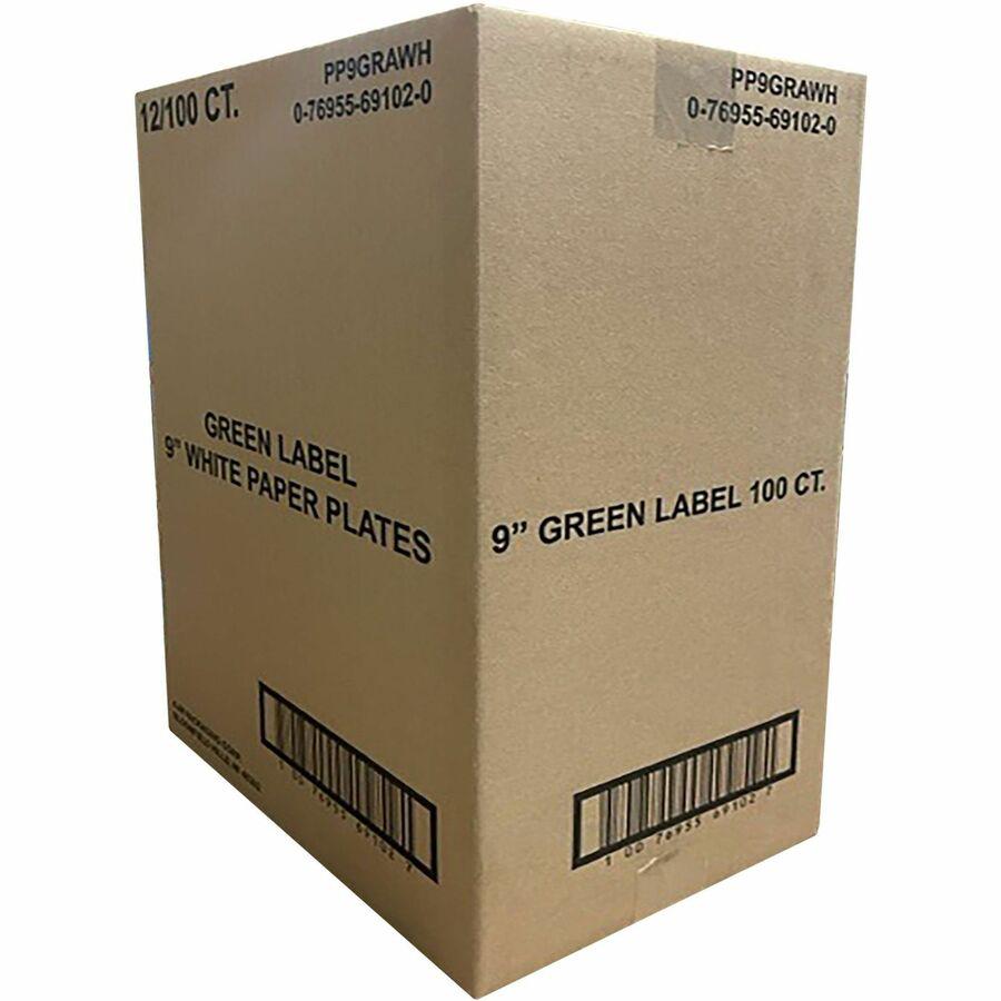 AJM 9" Green Label Economy Paper Plates - 100 / Bag - Microwave Safe - 9" Diameter - White - Paper Body - 12 / Carton. Picture 5
