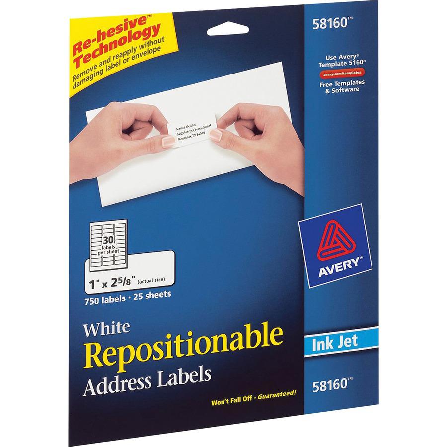 Avery&reg; Repositionable Address Labelss - Sure Feed Technology - 1" Width x 2 5/8" Length - Rectangle - Inkjet - White - Paper - 30 / Sheet - 25 Total Sheets - 750 Total Label(s) - 750 / Pack. Picture 7