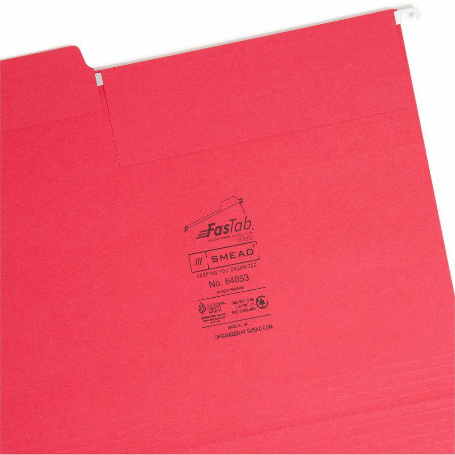 Smead FasTab 1/3 Tab Cut Letter Recycled Hanging Folder - 8 1/2" x 11" - Top Tab Location - Assorted Position Tab Position - Blue, Green, Red - 10% Recycled - 18 / Box. Picture 8