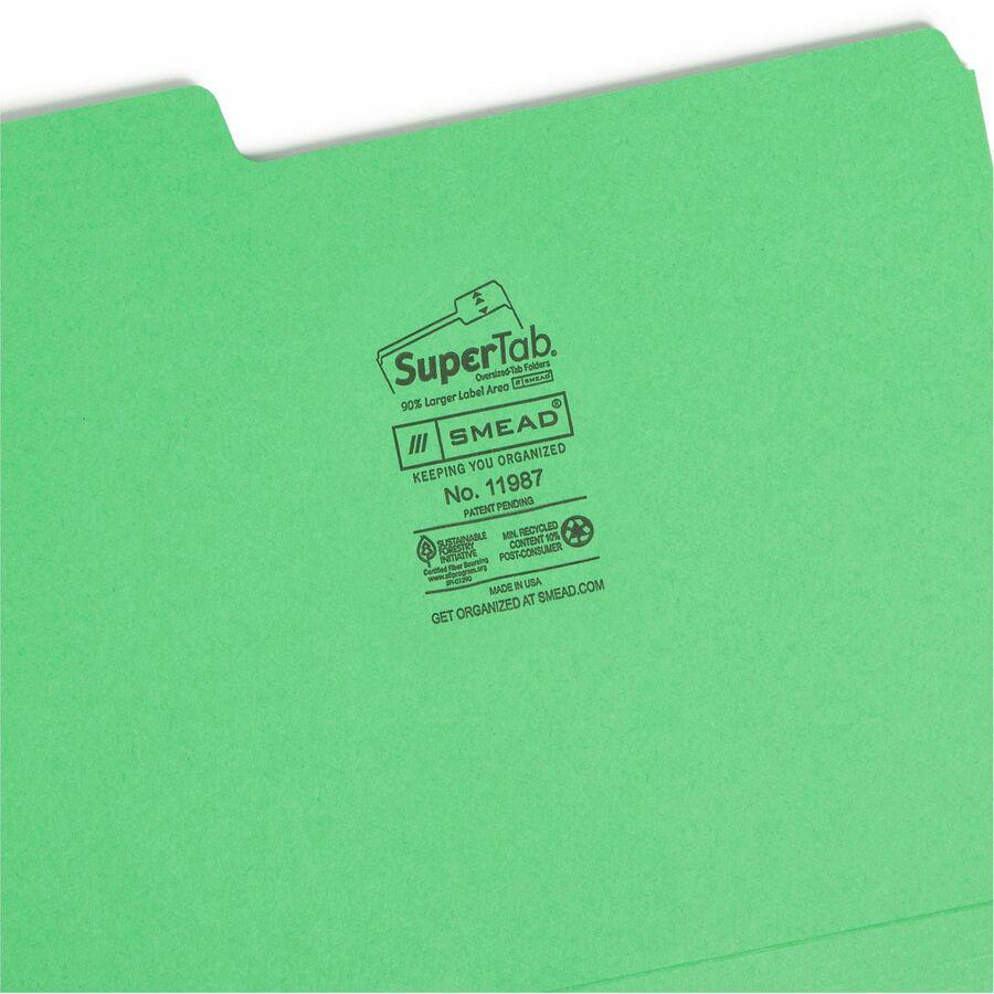 Smead SuperTab 1/3 Tab Cut Letter Recycled Top Tab File Folder - 8 1/2" x 11" - 3/4" Expansion - Top Tab Location - Assorted Position Tab Position - Blue, Green, Yellow, Red - 10% Recycled - 100 / Box. Picture 8