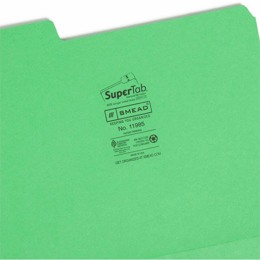 Smead SuperTab 1/3 Tab Cut Letter Recycled Top Tab File Folder - 8 1/2" x 11" - 3/4" Expansion - Top Tab Location - Assorted Position Tab Position - Green - 10% Recycled - 100 / Box. Picture 8