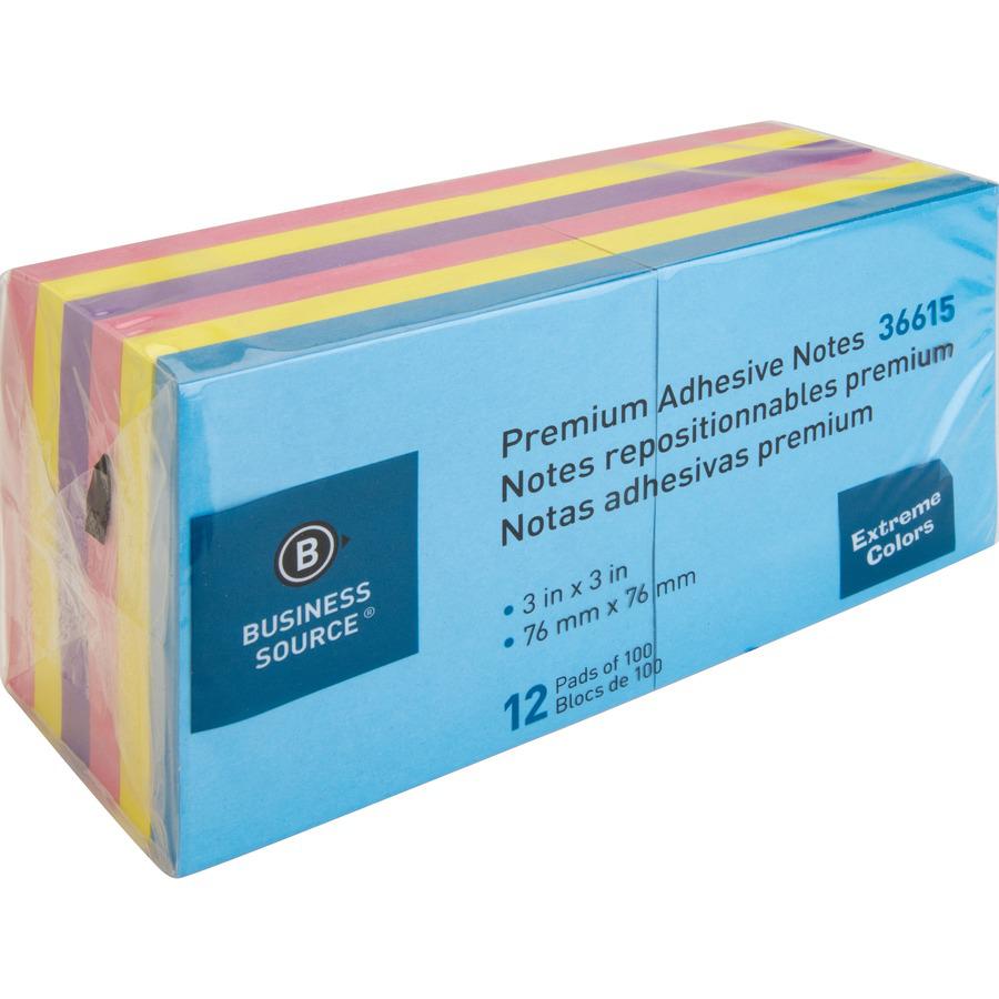 Business Source 3x3 Extreme Colors Adhesive Notes - 100 - 3" x 3" - Square - Assorted - Repositionable, Solvent-free Adhesive - 12 / Pack. Picture 10