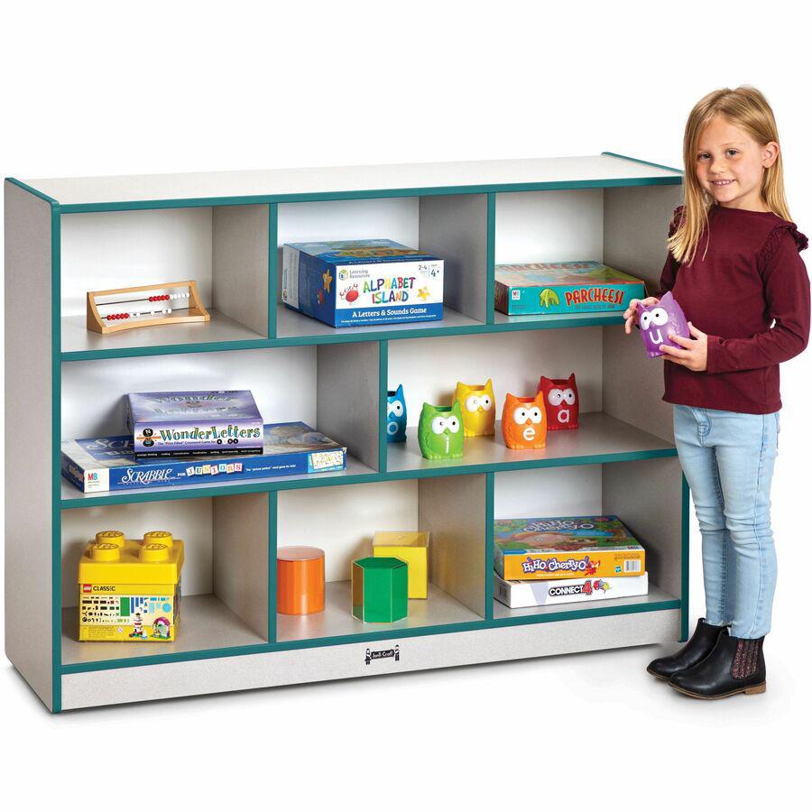 Jonti-Craft Rainbow Accents Super-size Mobile Storage - 35.5" Height x 48" Width x 15" DepthFloor - Laminated, Durable, Kick Plate, Built-in Wheels - Teal - Hard Rubber - 1 Each. Picture 8